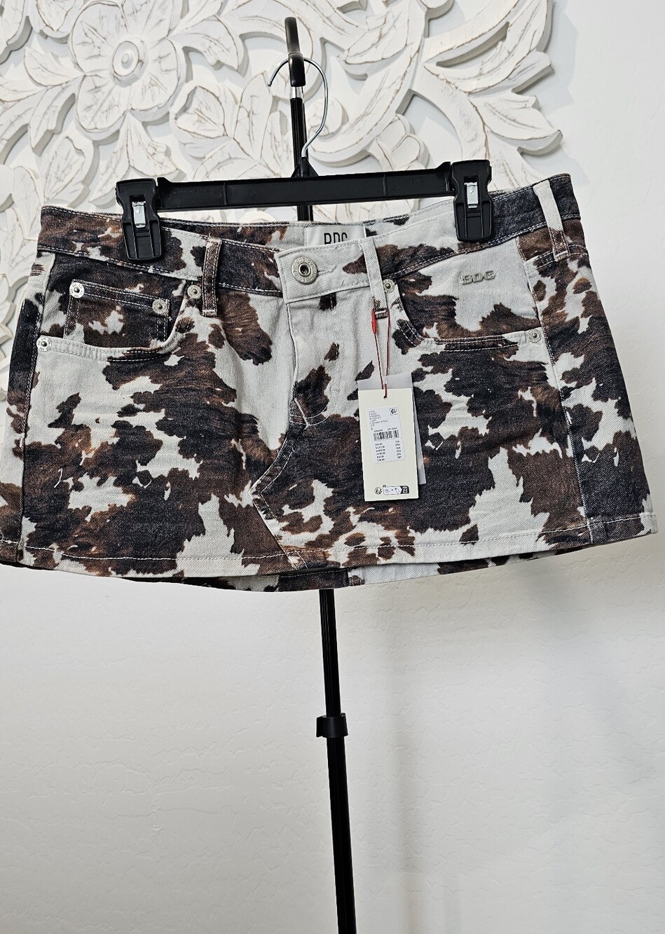 BDG Cow Print Denim Mini Skirt in White & Brown Y2K Women's Sz Large